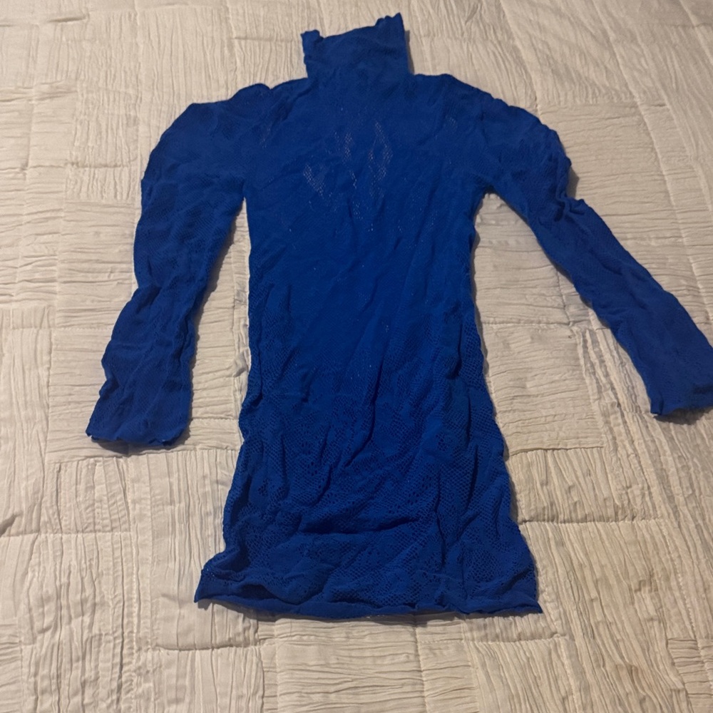 Blue Long Sleeve Mesh Dress